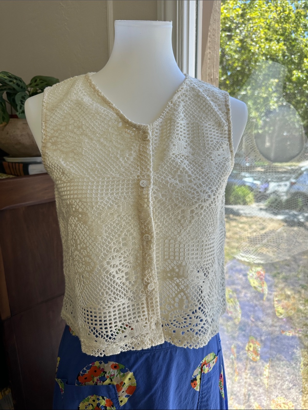 Women's Cream Crochet Button-Front Top